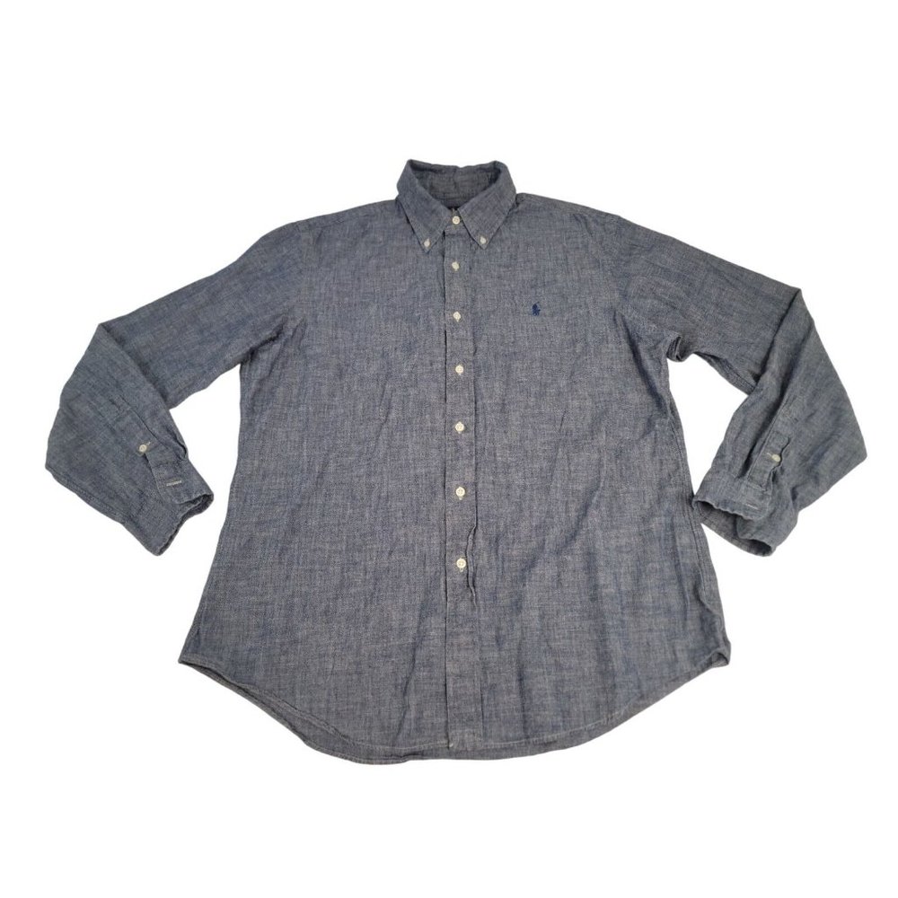 Ralph Lauren Long Sleeve Button Down Shirt Blue Cotton Mens Custom Fit Size L